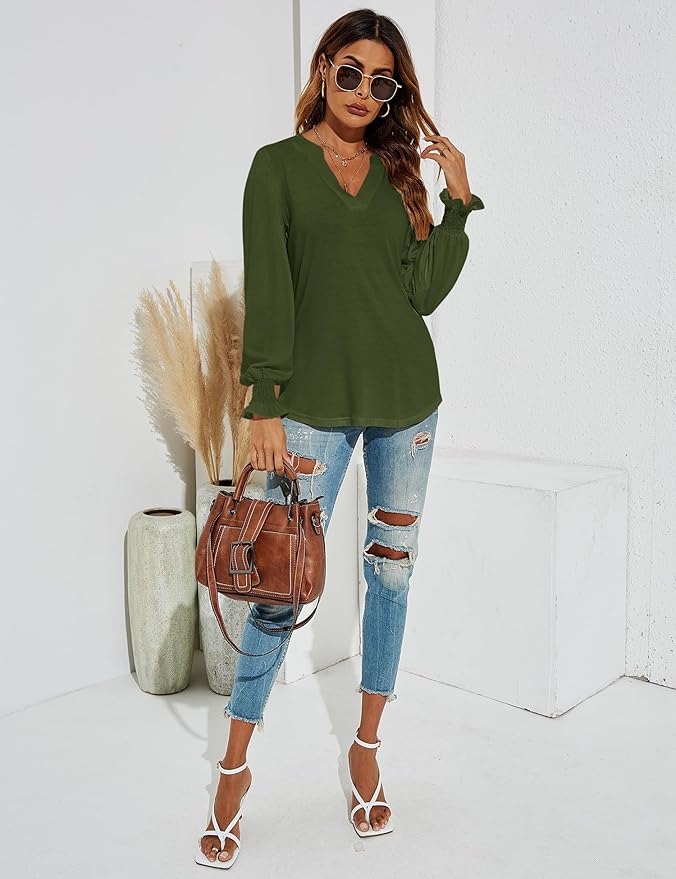 Romanstii Women's Casual V-Neck T-Shirts Loose Puff Long Sleeve Tops Tunic Blouses