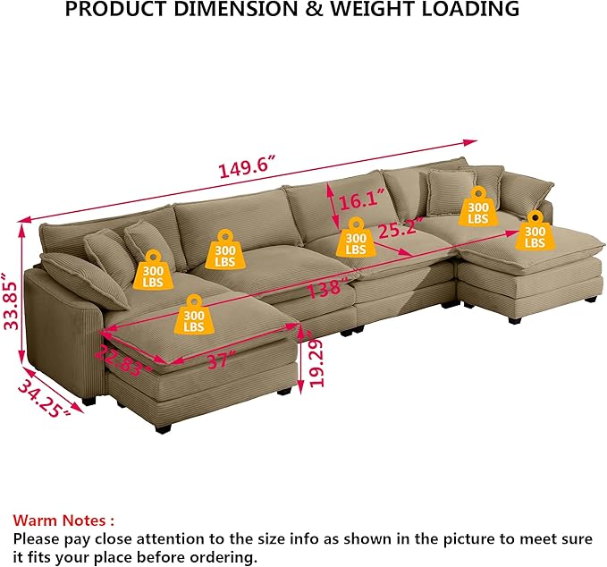 Aoowow Corduroy 4 Seater Couch with Ottomans,Modern Large Cloud Couches for Living Room,U Shaped Modular Sectional Cloud Sofas Deep Seat,U Shape Oversized Tufted Sofa Set (Tan, 4 Seater + 2 Ottoman)