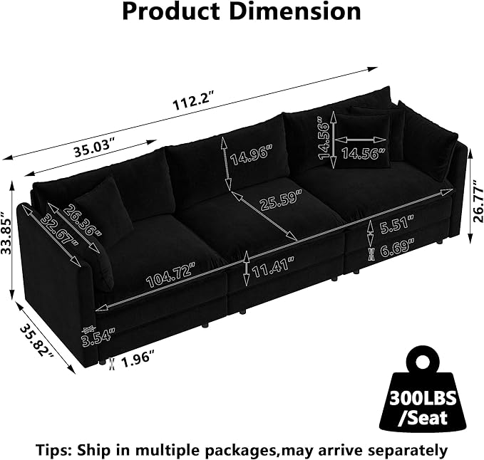 Aoowow Modular Sectional Sofa,112.2 Inch Deep 3-Seater Sofas Comfy Chenille Cloud Sofas and Couches with Pillows for Living Room Apartment（Black）