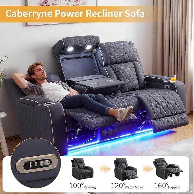 Caberryne Power Recliner Sofa Set with LED Lights,Suede Leather Reclining Couch and Loveseat Set with USB Port/Coffee Table/Cup Holder,Living Room Set with 4 Recliner Seats for House(2 Piece Set,Navy)