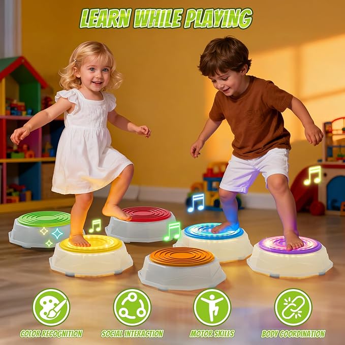 HYES Light Up Stepping Stones for Kids - 6 PCS Non-Slip Musical Stackable Step Stones, Toddler Obstacle Course Sensory Toys, Indoor Outdoor Jumping Play 1-3 Years Old Boys Girls Birthday Gifts