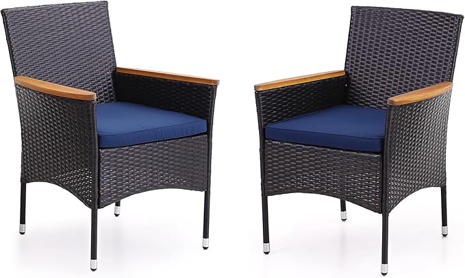 PHI VILLA 35" Rattan Patio Dining Chairs, Outdoor Furniture Wicker Dining Chairs with Removable Cushions Perfect for Backyard, Bistro, Garden, 2pcs, Black