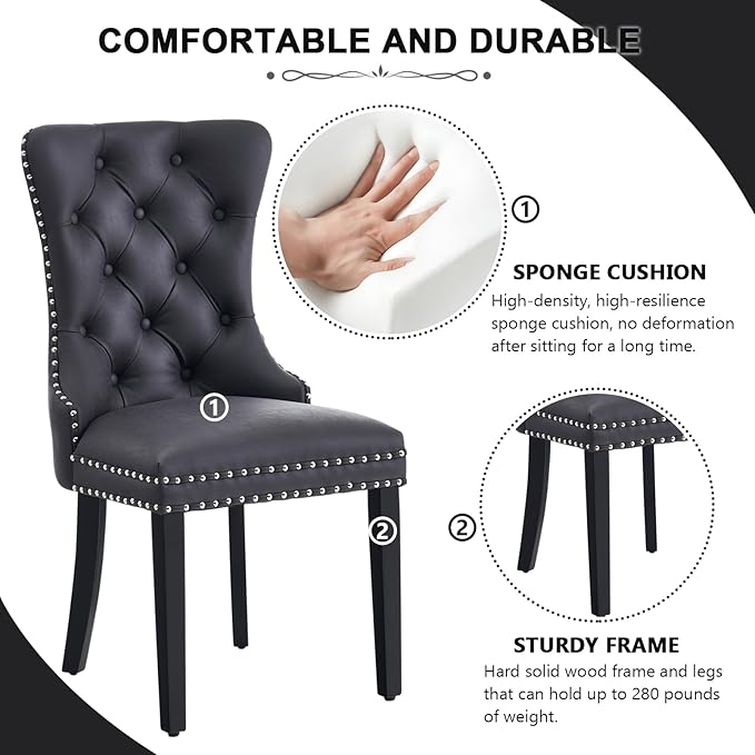 Kiztir Leather Dining Chairs Set of 4, Upholstered Dining Chair with Nailhead Trim and Solid Wood Legs, Luxury Wingback Dining Side Chair for Living Room, Bedroom, Kitchen (Black)