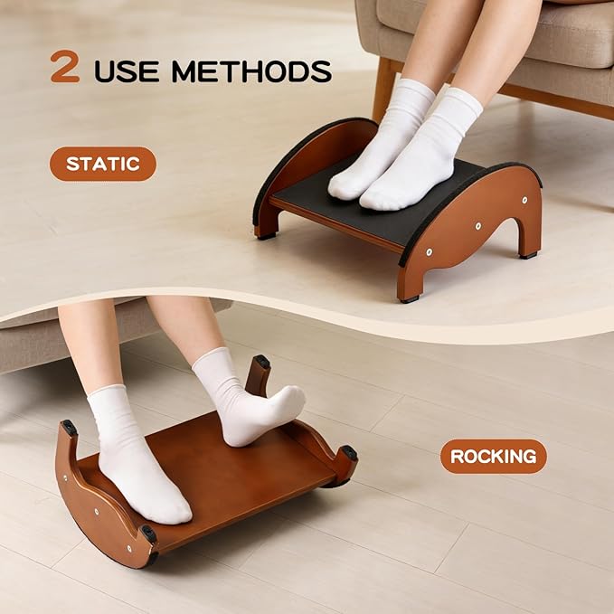 Ergonomic Wooden Under Desk Footrests with Rocking Feature, Non-Slip Design, Improves Posture, Circulation, and Comfort for Home & Office Use