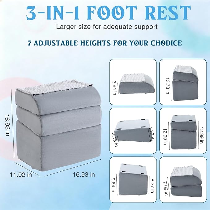 Novabright Adjustable Under Desk Foot Rest, Memory Foam Foot Stool with Gel Top and Warm Pocket Washable Cover Footrest for Office Chair Leg and Back Pain Relief(17" X 11" X 17",Cambered,Gray)