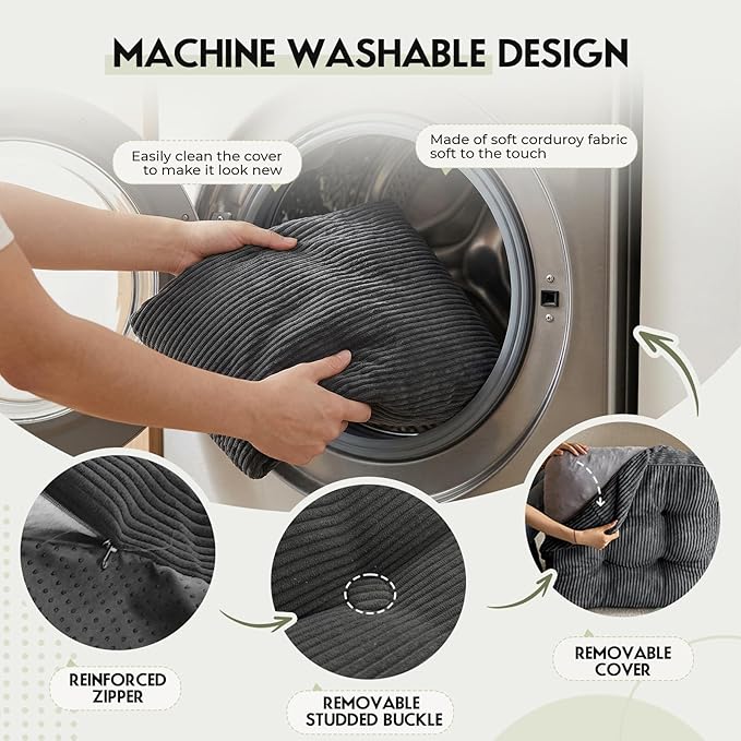 11In Washable Floor Pillow for Adults, Yoga & Meditation Cushion with Handle, Square Large Pillows Seating with Removable Tufted Corduroy Cover for Tatami Living Room Board Games, Dark Gray