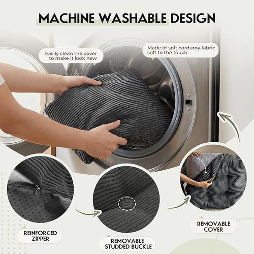 11In Washable Floor Pillow for Adults, Yoga & Meditation Cushion with Handle, Square Large Pillows Seating with Removable Tufted Corduroy Cover for Tatami Living Room Board Games, Dark Gray