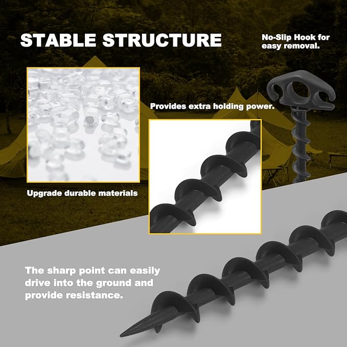 COBARYEN Tent Stakes Ground Anchors Screw in, 10 Pack Sand Stakes for Beach 9.4 Inch Heavy Duty Spiral Tent Pegs for Camping, Party, Hiking, Outdoor Decoration (10, Black)