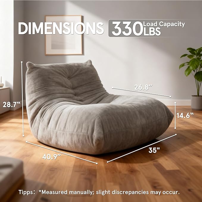 Sytopia Bean Bag Chair, Large Reading Chair for Adults Ultra-Comfy, Corner Floor Sofa 40D Foam, Togo Sofa Furniture for Living Room Bedroom Gaming, Urban Grey