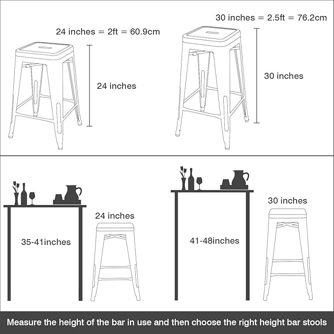 Devoko Metal Bar Stool 30'' Indoor Outdoor Stackable Barstools Modern Industrial Square Wood Top Bar Stools Set of 4 (30 inch, Gun)