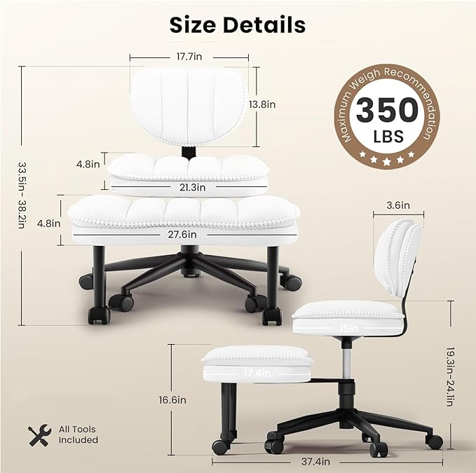 Cross Legged Office Chair, Ergonomic Cloud Criss Cross Desk Chair, Meditation Chair with Wheels, Height Adjustable Seat for ADHD, Wide Kneeling Chair with Back Support, Corduroy Fabric, White