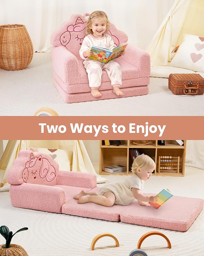 TinyPalsa Kids Couch, Convertible Sofa to Lounger Fold Out, Pink Magical Pony Design Chair for Toddlers 1-3, Gift for Birthday, Movie Night