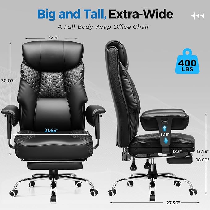 GTRACING Big and Tall Office Chair 400lbs High Back Computer Gaming Chair with Ergonomic Lumbar Support &Pocket Spring Cushion for Lower Back Pain Relief, Leather Executive Chair with Foot Rest, Black