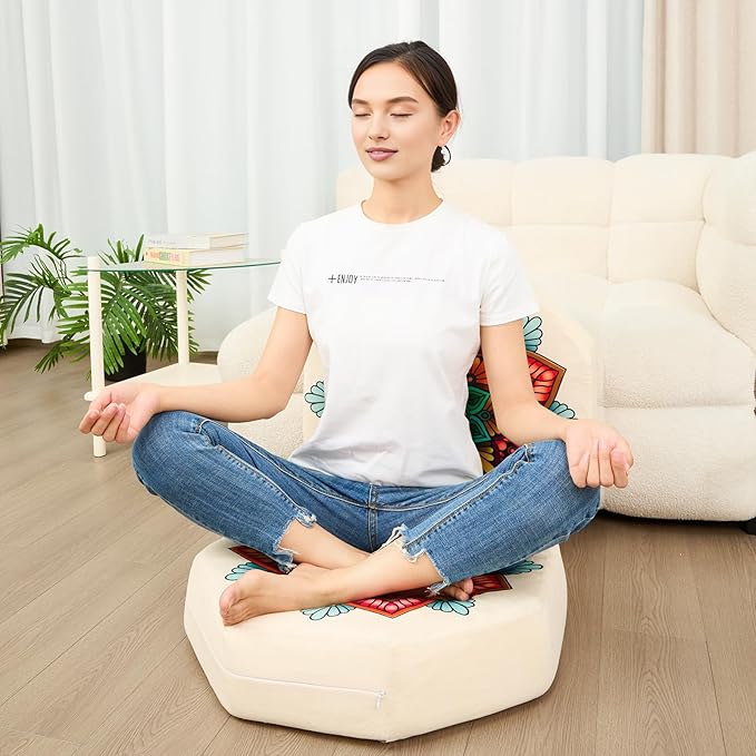 Octagonal Floor Pillow, Large 22" Cushion with Memory Foam and Soft Velvet Cover, Ideal for Comfortable Seating, This Multi-Color Mandala Design Enhances Living Room Decor.