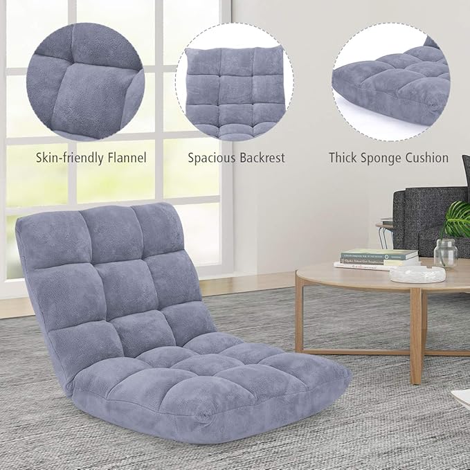 GOFLAME 14-Position Folding Floor Chair, Padded Gaming Lazy Sofa Chair with Adjustable Backrest, Couch Recliner, Sleeper Bed Lounge Chair for Reading, Gaming, Meditating (Grey)