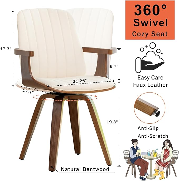 Swivel Dining Chairs Set of 4, Mid Century Modern Dining Chairs with Walnut Craftsmanship, Upholstered Faux Leather , Wooden Arms and Legs, Kitchen Chairs with Arms for Kitchen/Living Room - Beige