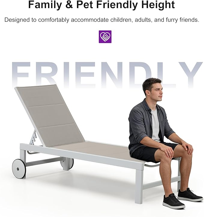 PURPLE LEAF Outdoor Chaise Lounge Set Elderly-Friendly Straight Legs Adjustable Sunbathing Recliner with Side Table for Back Support Poolside Beach Patio Lounge Chairs Khaki 2 Sets