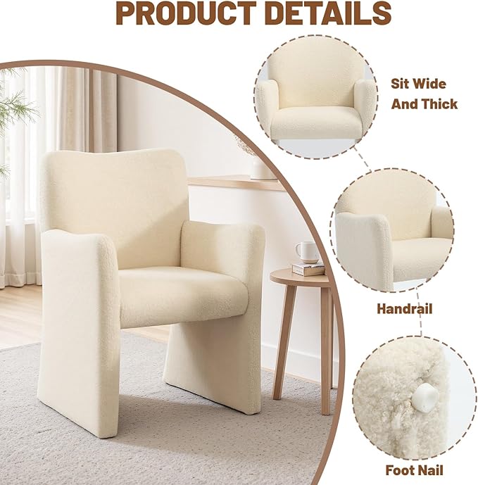 CIMOTA Boucle Dining Chairs Set of 2, Sherpa Upholstered Accent Chairs with Arms/Wood Legs, Comfortable Kitchen Chairs for Living/Reception/Dining Room, Beige