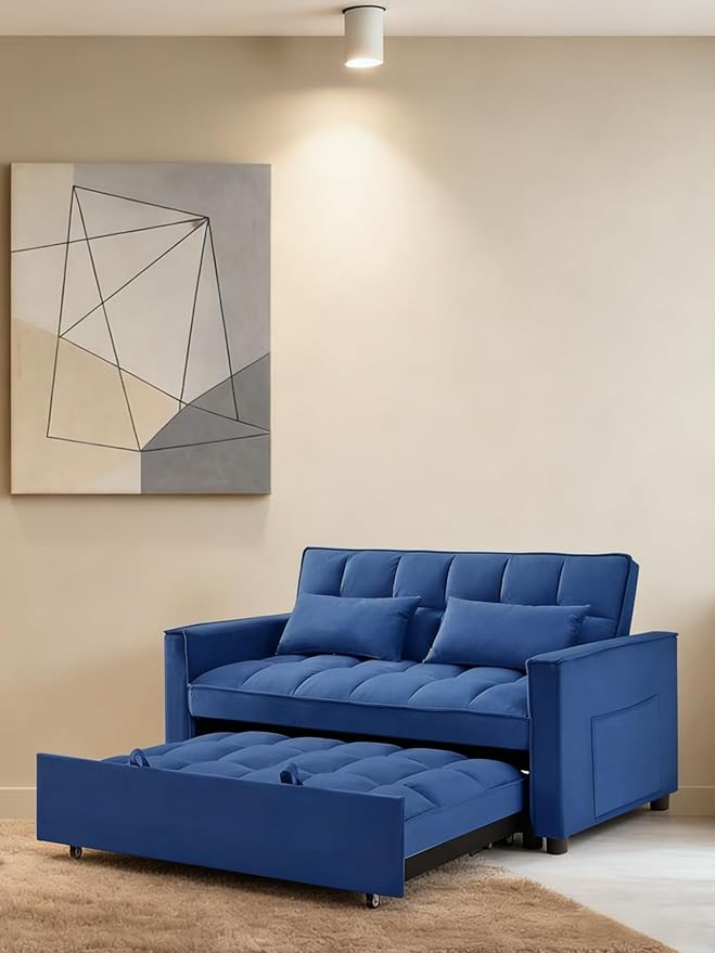 54 inch Velvet 3 in 1 Convertible Sleeper Sofa Bed, Futon Couches for Living Room with Side Pocket | Adjustable Backrest| Velvet Fabric | Pull Out Couch | Love seat Sofa|2-seat Sofa Bed (Blue)