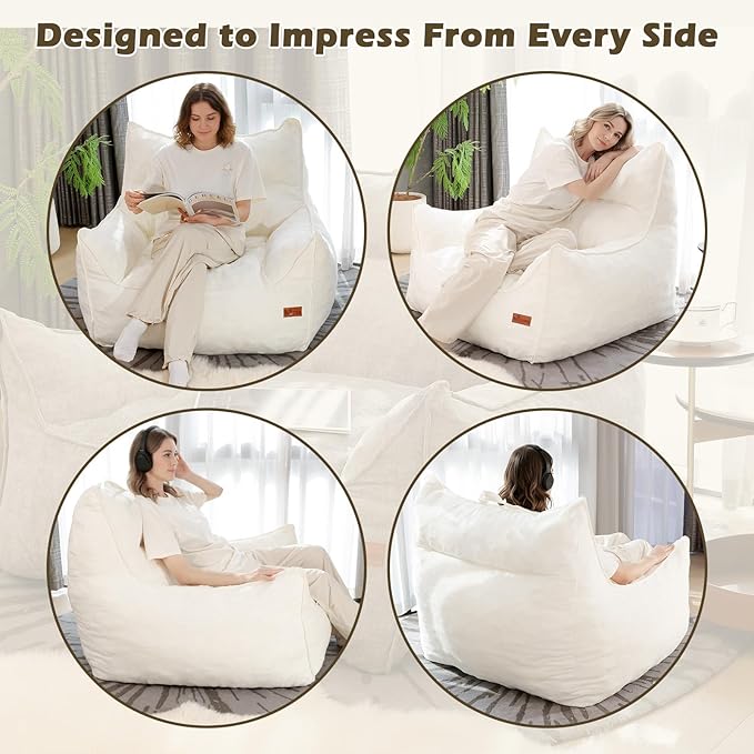 Giant Bean Bag Chair, Beanbag Chairs for Adults, Teens & Kids, Comfy Sofa Chair with Handle & Filling for Living Room, Reading & Gaming, Non-Slip(White-XL)