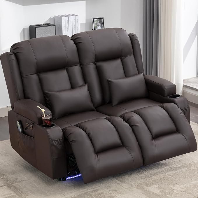 URRED Loveseat Recliner Sofa with Massage and Heat, Power Reclining Loveseat Sofa RV Couch Home Theater Seating with LED Lights, Cup Holders, Side Pockets, USB, Pillows, Faux Leather - Dark Brown