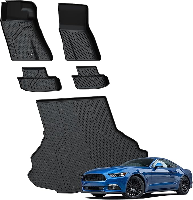 LASFIT Floor Mats and Trunk Mat for Ford Mustang 2024 2025 2026 (NOT fit Cargo w/o Subwoofer Box) All Weather Protector TPE Car Floor Liners, 1st & 2nd Row & Cargo Liner, 5pcs Black
