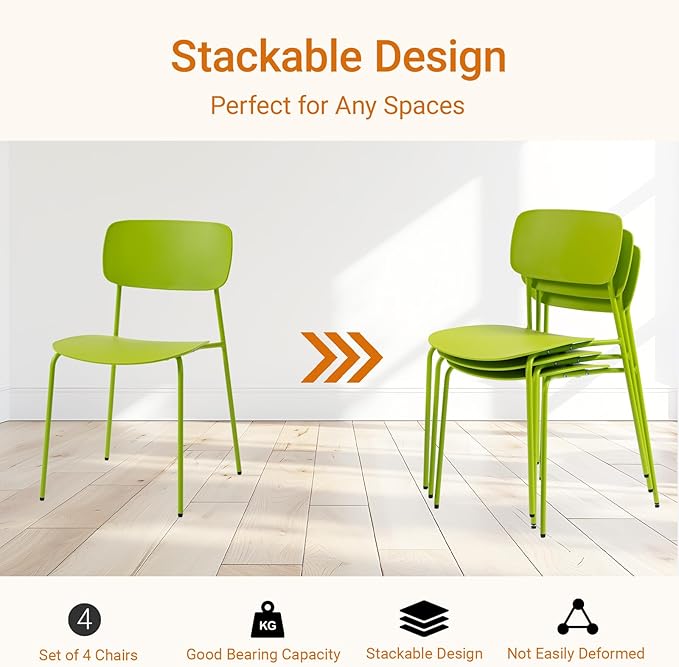 Sidanli Stackable Chairs Set of 4, Metal Dining Chairs with Plastic Seat, Capacity 300lbs, Stacking Chairs for Waiting Break Room Kitchen Party, Green