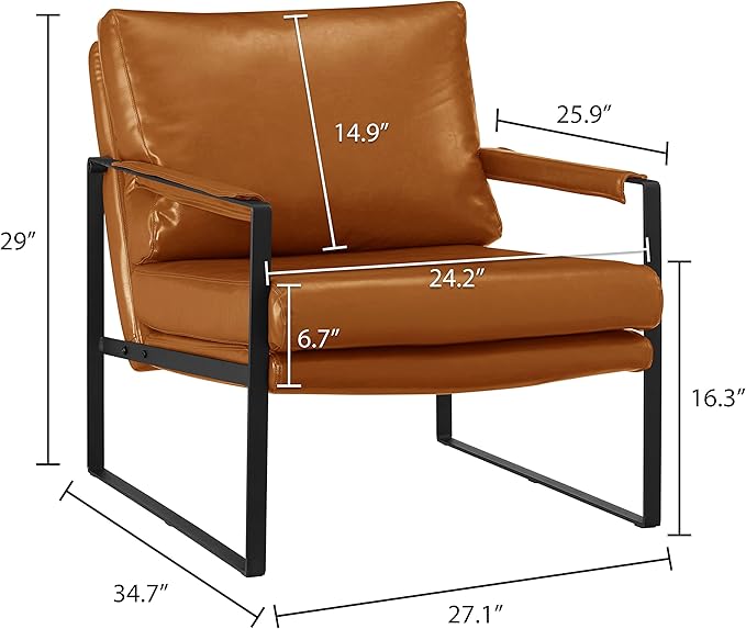 Volans Mid Century Modern Accent Chair with Arms for Living Room, Faux Leather Accent Chairs for Lounge, Metal Frame Armchair Reading Chair Single Sofa for Bedroom Office, Brown