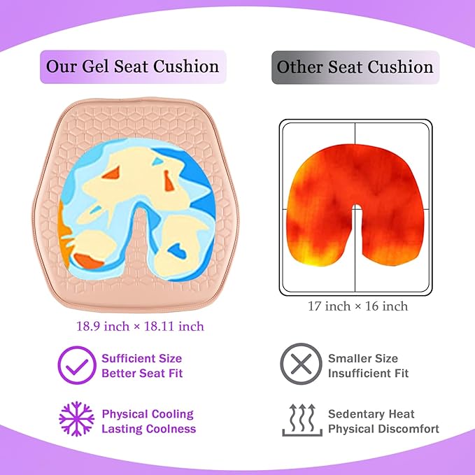 Binsheo Thin Gel Seat Cushion for Car Seat, Office Chair, Wheelchair, Golf Cart - Non-Slip Car Seat Cushions with 0.7 Inch Gel - Sciatica & Coccyx Pain Relief (Leather, Pink)