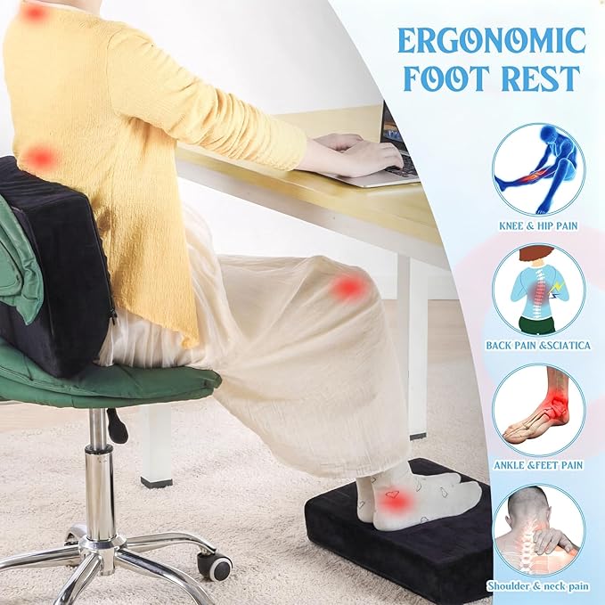 Novabright Adjustable Under Desk Foot Rest, Memory Foam Foot Stool with Gel Top and Warm Pocket Washable Cover Footrest for Office Chair Leg and Back Pain Relief(17" X 11" X 17",Cambered,Black)