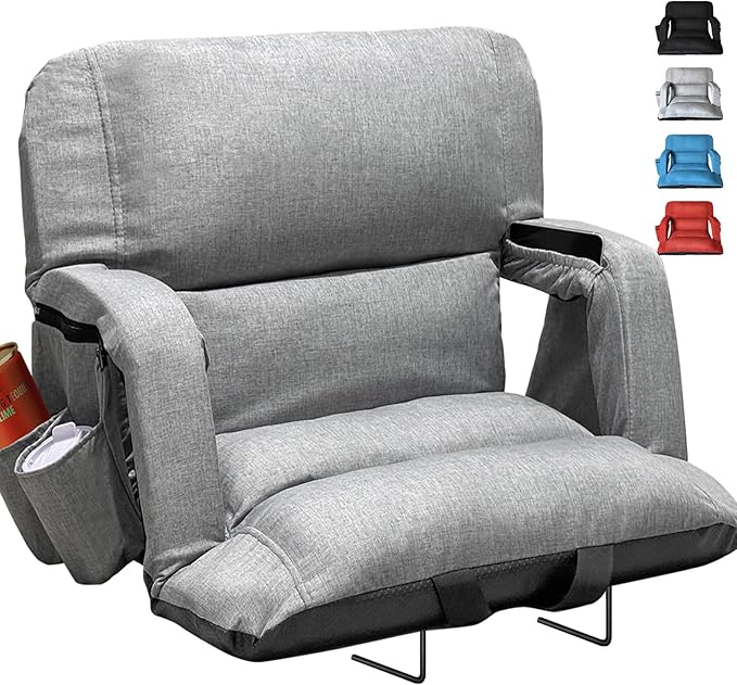 Wide Stadium Seats with Back Support, Exclusive Sofa Style Design Extra Thick Bleacher Chairs with Back and Cushion, 6 Reclining Positions - Ultimate Comfort for Sports Events (Grey, 22.5")