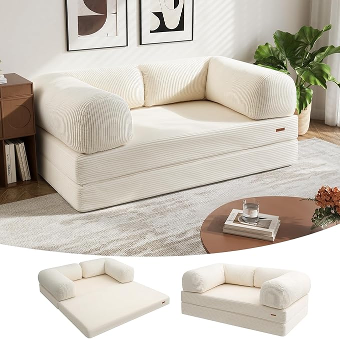 COMAX Futon Sofa Bed, 4-in-1 Floor Foldable Sofa Couch Bed with L-Shaped Armrests, Convertible Folding Chair Bed Sleeper Mattress Fold Out Lounge for Living Room Bedroom, Beige