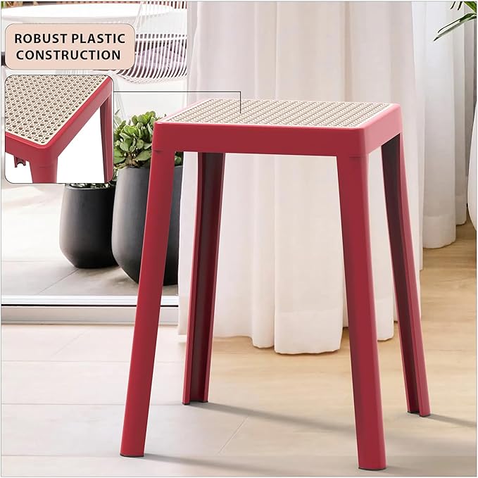 LeisureMod Tresse Mid-Century Modern Square Plastic Dining Stool Set of 2, Stackable Accent Stools with Breathable Seat, Lightweight Seating for Kitchen, Dining Room, Bedroom, or Entryway (Pink)