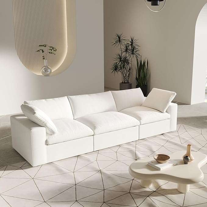 3 Seater Cloud Sectional Couch, White Modular Sectional Sofa, Modern Comfy Sofa, Covers Removable, Convertible Sleeper Couch for Living Room Apartment (Linen Fabric)