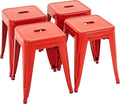 Brage Living 18 Inch Industrial Metal Stools Set of 4, Stackable Classroom Stools, Backless Metal Dining Chairs for Indoor Outdoor, Kitchen Short (Red)