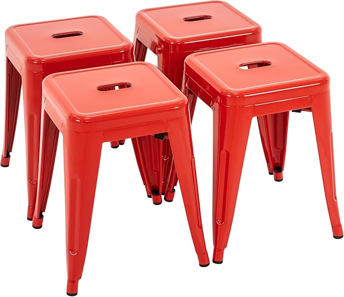 Brage Living 18 Inch Industrial Metal Stools Set of 4, Stackable Classroom Stools, Backless Metal Dining Chairs for Indoor Outdoor, Kitchen Short (Red)
