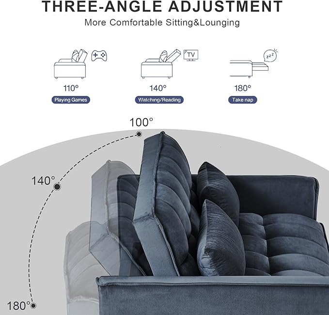3 in 1 Convertible Sleeper Sofa Bed, Futon Couches for Living Room with Side Pocket | Adjustable Backrest| Velvet Fabric | Pull Out Couch | Love seat Sofa|2-seat Sofa Bed (Black)