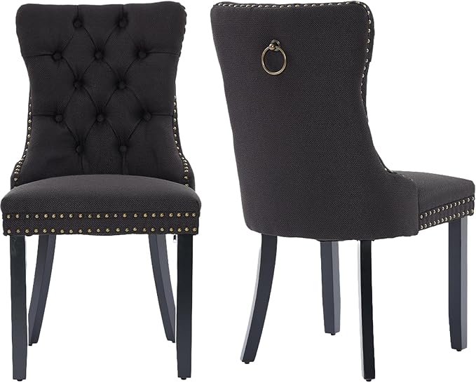YeahFurn Black Mid Century Modern Dining Chairs Set of 2, Linen Upholstered Kitchen & Dining Room Chairs with Nailhead Trim & Solid Wood Legs, Elegant Sillas De Comedor (Black, 2 Pcs)