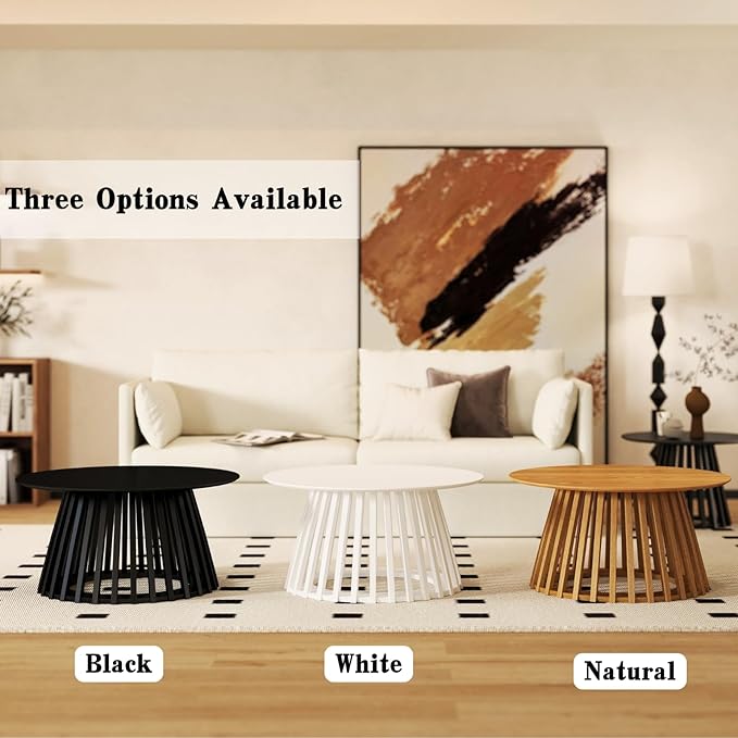 DUOMAY Modern Solid Wood Round Coffee Table with Geometric Base, Sturdy Wood Center Table for Living Room, Lounge, Office, Log Color