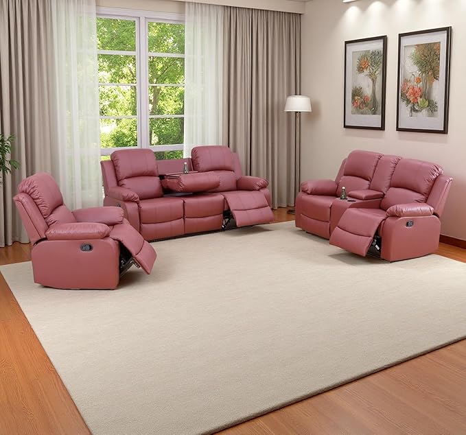 Caberryne Leather Recliner Sofa Set，Leather Reclining Couch for Living Room Furniture Sets，Red Recliner Couch with 5 Recliners for Living Room/Office/Theater Seating(Sofa Set 3 Pieces)