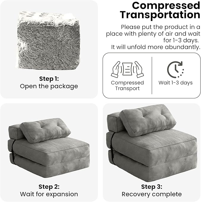 tantohom Folding Sofa Bed, Convertible Sleeper Chair with Pillow Foldable Mattress with Back Support,Space-Saving Sofa for Living Room,Bedroom (Gray)