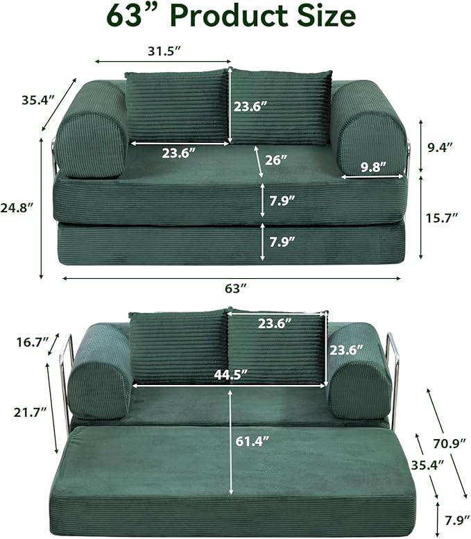 Folding Sofa Bed,63''Cozy Floor Sofa Lounge Couch, 4-in-1 Convertible Sleeper with Memory Foam, Space-Saving Floor Couch for Living Room, Bedroom, Apartment (Green)