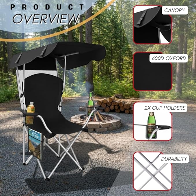 CozyBox Portable Folding Camping Chairs with Canopy Shade, Beach Chair for Adults, Durable Weather Resistant 600D Oxford Cloth, Camping Chair with Canopy for Outdoors [Black]