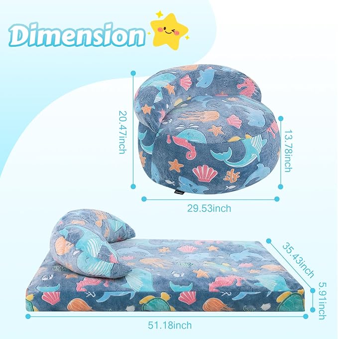 COMAX Bean Bag Chair for Kids, Dinosaur Convertible Toddler Beanbag Bed, Children Bean Chair Stuffed to Floor Mattress with Filler, Ocean Life