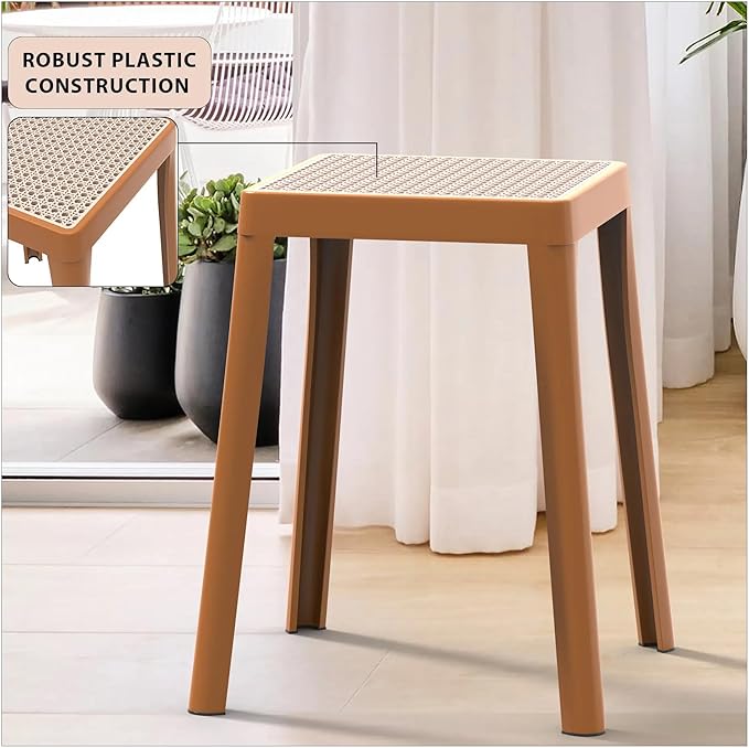 LeisureMod Tresse Mid-Century Modern Square Plastic Dining Stool Set of 2, Stackable Accent Stools with Breathable Seat, Lightweight Seating for Kitchen, Dining Room, Bedroom, or Entryway (Yellow)