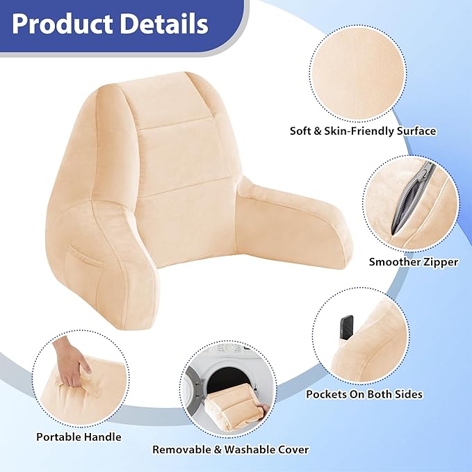 IASEAHK Reading Pillows for Sitting in Bed Adult, Back Pillow for Bed Sitting Up, Backrest Pillows with Shredded Foam for Adult&Teens, Support Pillow with Arms for Beds, Couch, Floor, 20in, Beige