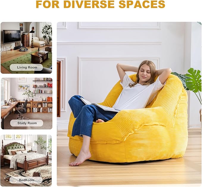 Giant Bean Bag Chair with Armrests - Oversized Cozy Seating for Adults, Corduroy Fabric & High-Resilience Foam Filling, Ideal Lounge for Living Room, Bedroom & Gaming Room (Corn Yellow)