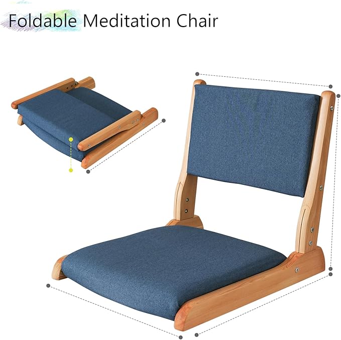 Japanese Floor Chair with Back Support, Foldable Meditation Chair, Legless Tatami Chair with Cushion, Floor Seat for Living Room, Bedroom, Bay Window (1, Blue)