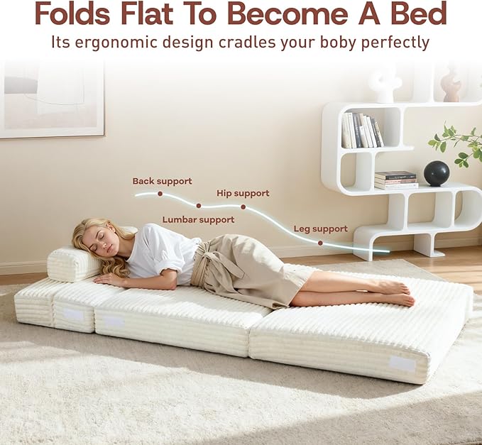 Folding Sofa Bed,Convertible Sofa Bed with Armrest Foldable Sleeper Chair, Portable Folding 4-in-1 Floor Sofa with Convertible Lounge Chair for Living Room,Bedroom,Washable Cover,White Single