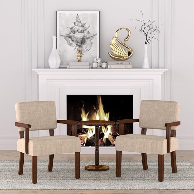 FAGAGA Accent Chair,Armchairs with Solid Wood Frame and Legs,Upholstered Reading Leisure Chair for Bedroom,Office,Waiting Room (Linen, Beige, One Chair)